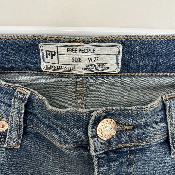 Free People Jeans Womens Sz 27 Blue Fringe Raw Hem Stretch Distressed Skinny - Picture 4 of 8